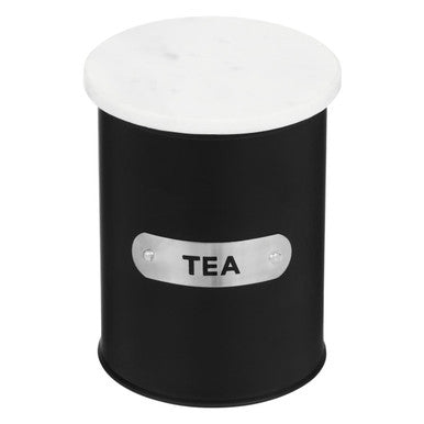 Black tea canister with a white lid on a white background