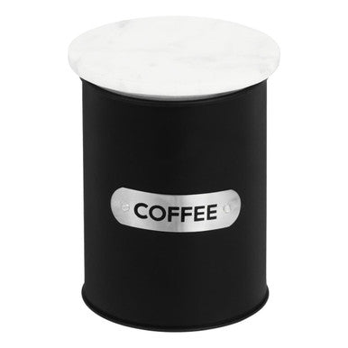 Black coffee canister with a white lid on a white background