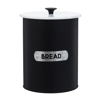 Black bread bin with a white lid on a white background