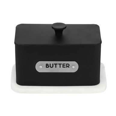 Black butter container with a white base on a white background