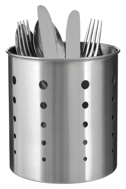 Stainless steel utensil holder with cutlery on a white background