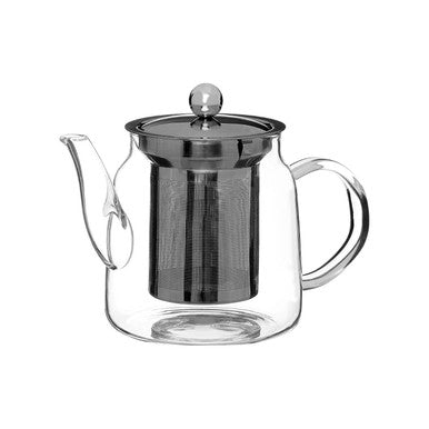 Clear glass teapot with metal infuser on a white background