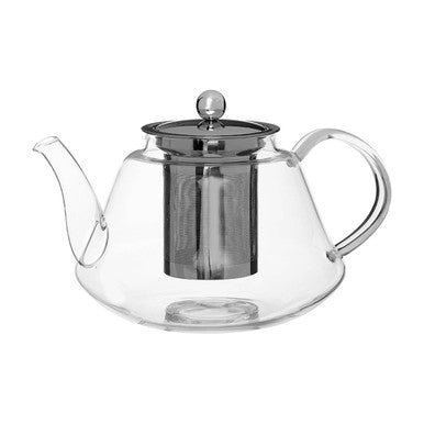 Clear glass teapot with metal lid on a white background
