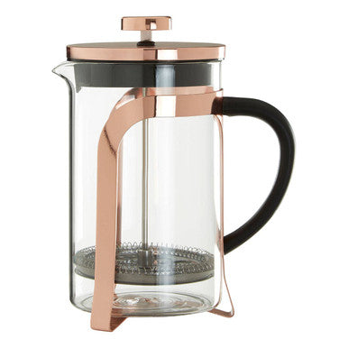 Glass French press with rose gold accents on a white background