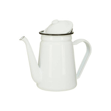 White enamel teapot with lid on a white background