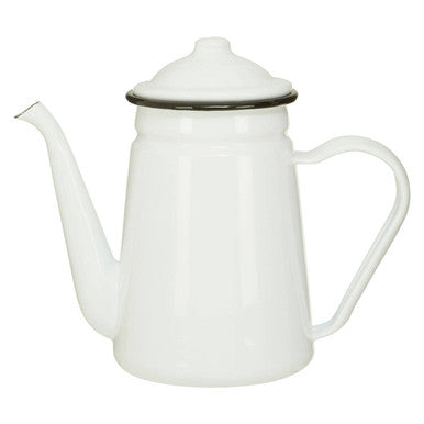 White enameled coffee pot with a lid on a white background