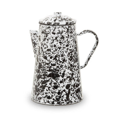 Black and white speckled coffee pot on a white background