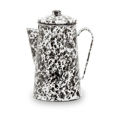 Speckled black and white coffee pot on a white background