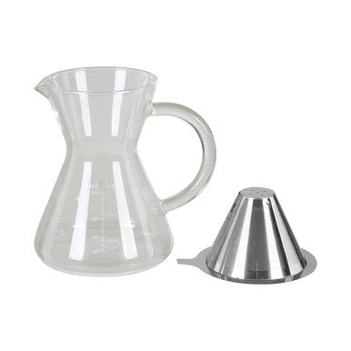 Clear glass coffee carafe with a metal filter on a white background
