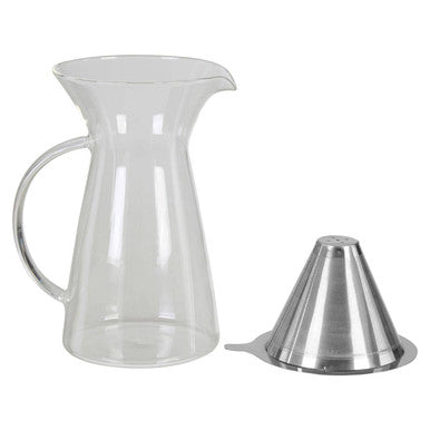 Clear glass carafe with a metal filter on a white background