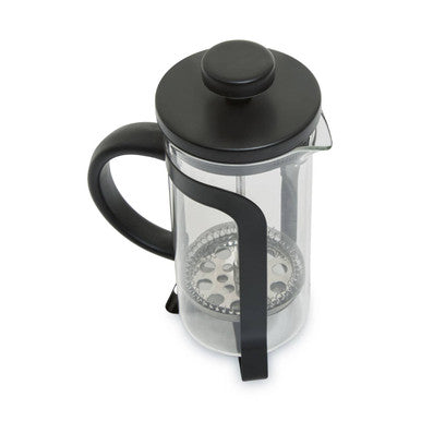 Black French press coffee maker on a white background
