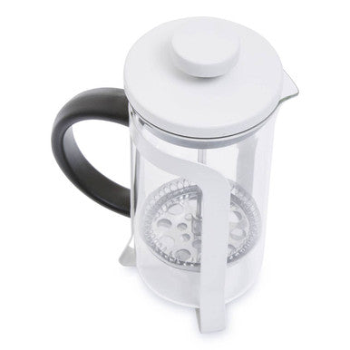 French press coffee maker with clear chamber and white lid on a white background