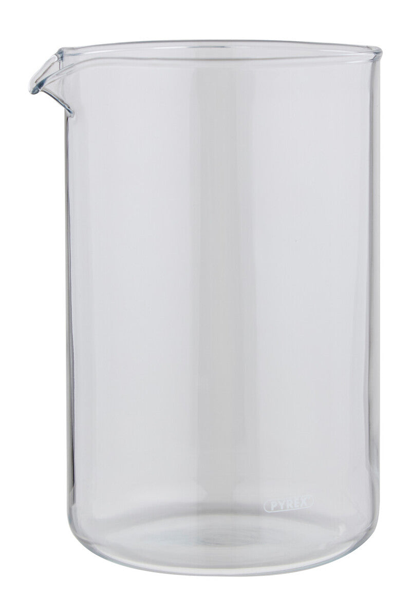 Clear glass beaker with a spout on a white background