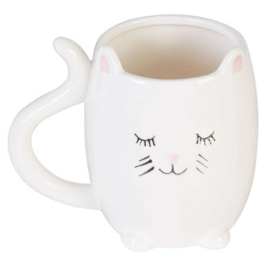 Cat-shaped mug with a face design on a white background