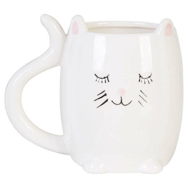 Cat-shaped mug with a face design on a white background