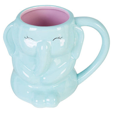Light blue mug shaped like a face with closed eyes on a white background
