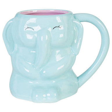 Light blue mug shaped like a face with a pink interior on a white background