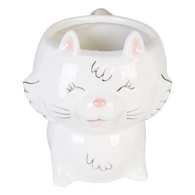 White cat-shaped ceramic mug on a white background