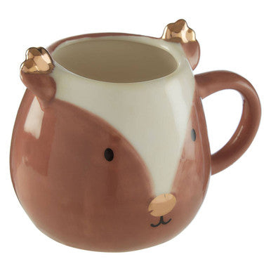 Squirrel-shaped mug with a white face and brown body on a white background