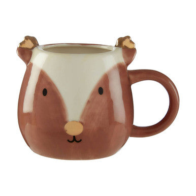 Mug shaped like a fox with a white face and brown body on a white background