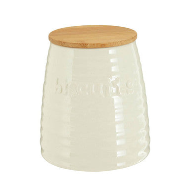 White ceramic jar with a wooden lid on a white background