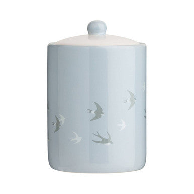 Light blue ceramic jar with bird designs on a white background