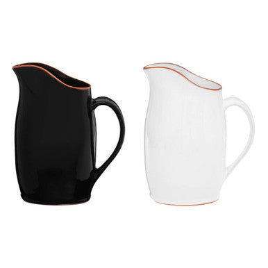Black and white ceramic pitchers with copper rims on a white background