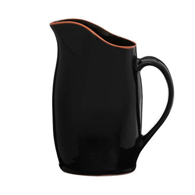 Black ceramic pitcher with copper rim on a white background