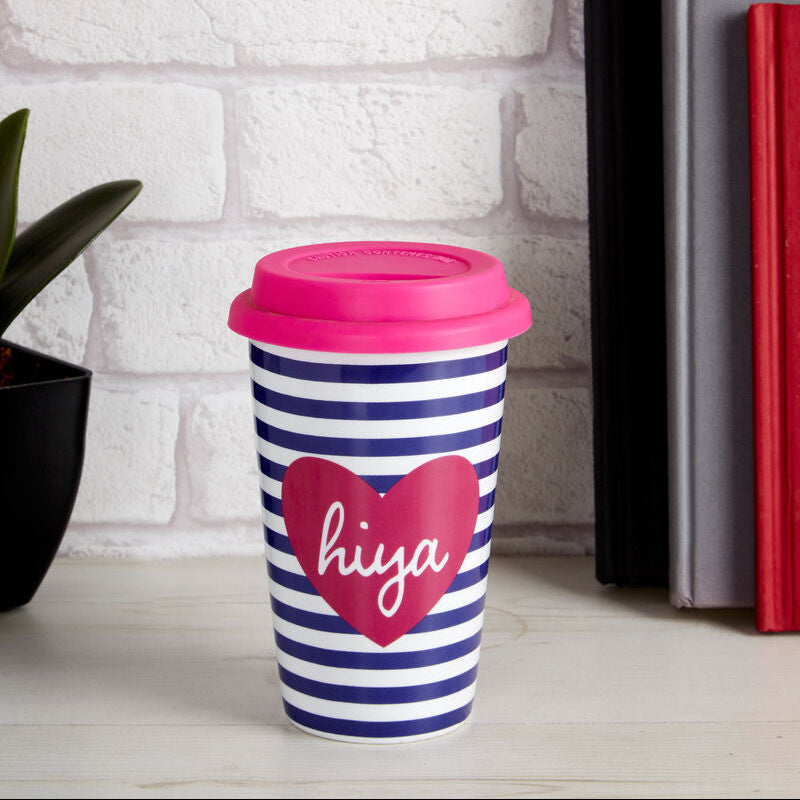 Striped travel mug with pink lid and &