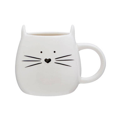 White mug with cat face design on a white background