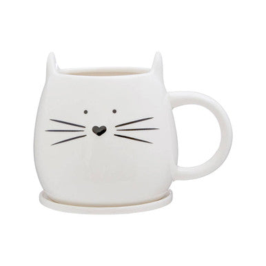 White cat-shaped mug with black whiskers and a heart nose on a white background