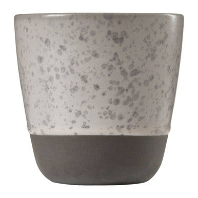 Ceramic pot with speckled gray and brown design on a white background