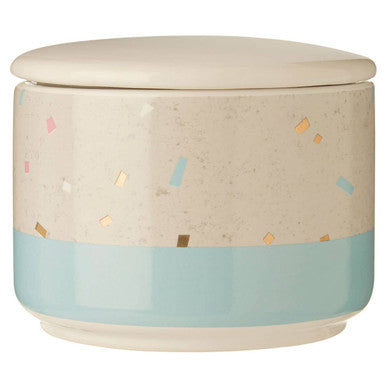 Ceramic jar with a light blue accent and colorful speckles on a white background