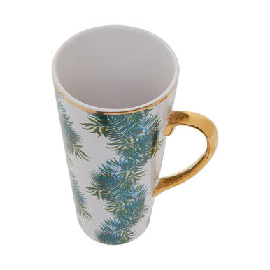 Mug with floral design and gold handle on a white background