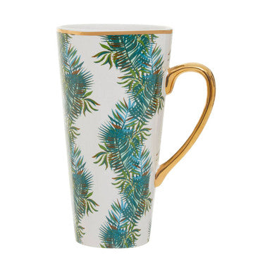 Mug with green leaf pattern and gold handle on a white background