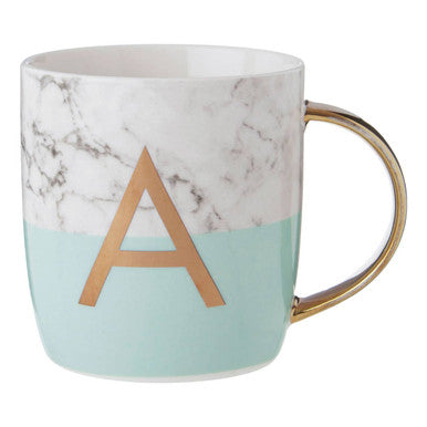 Marble-patterned mug with a gold handle and letter &