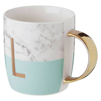 Frosted Deco Marble Effect and Pastel Green Monogram Mug, L
