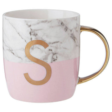 Marble-patterned mug with a pink base and gold letter &