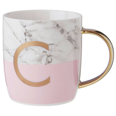 Marble-patterned mug with pink base and gold letter &