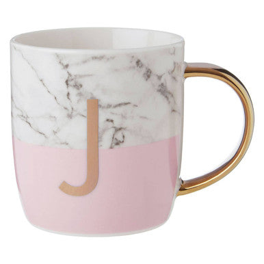 Marble-patterned mug with pink base and gold handle and letter &