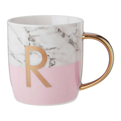 Marble-patterned mug with pink gradient and gold letter &