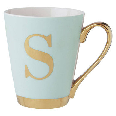 Light blue mug with gold handle and letter &