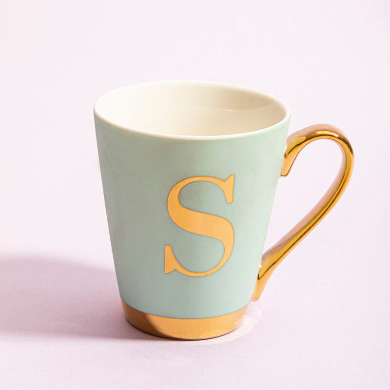 Mint green mug with gold letter &