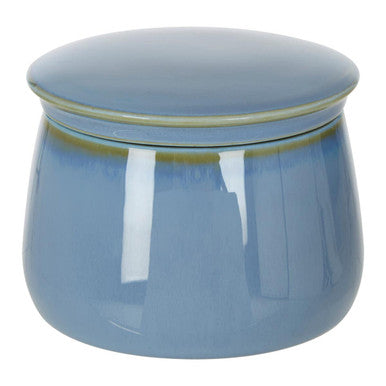 Blue ceramic jar with a lid on a white background