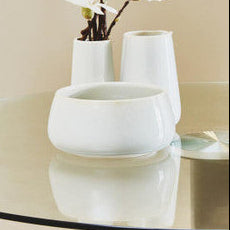 Two white vases with flowers on a glass table against a beige wall