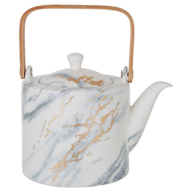 Marble-patterned teapot with a wooden handle on a white background