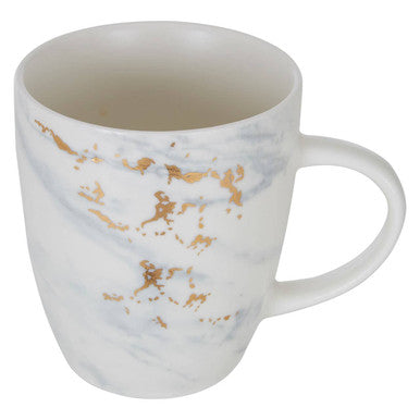 White mug with gold and gray marbled pattern on a white background