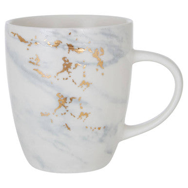 White mug with gold marble pattern on a white background