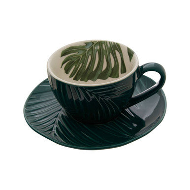 Bali Dark Green Cup And Saucer with Leaf Design
