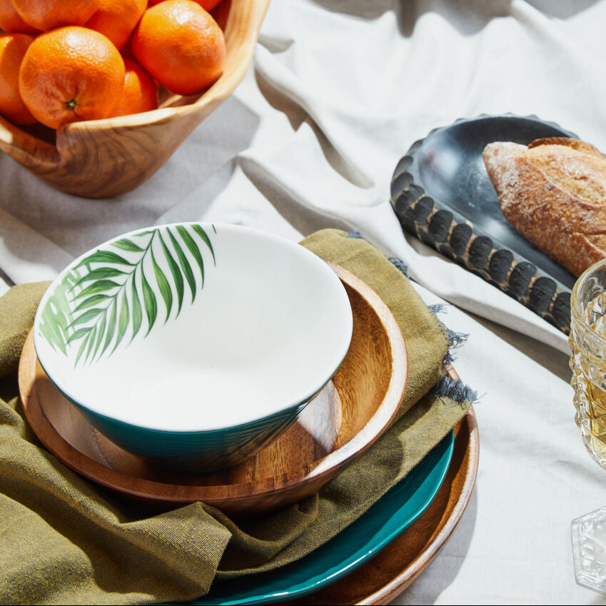 Bali Dark Green Medium Salad Bowl with Leaf Design